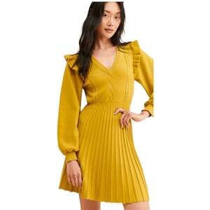 Adelyn Rae Hestia Pleated Mustard Yellow Ruffle Sleeve Sweater Dress, Small
